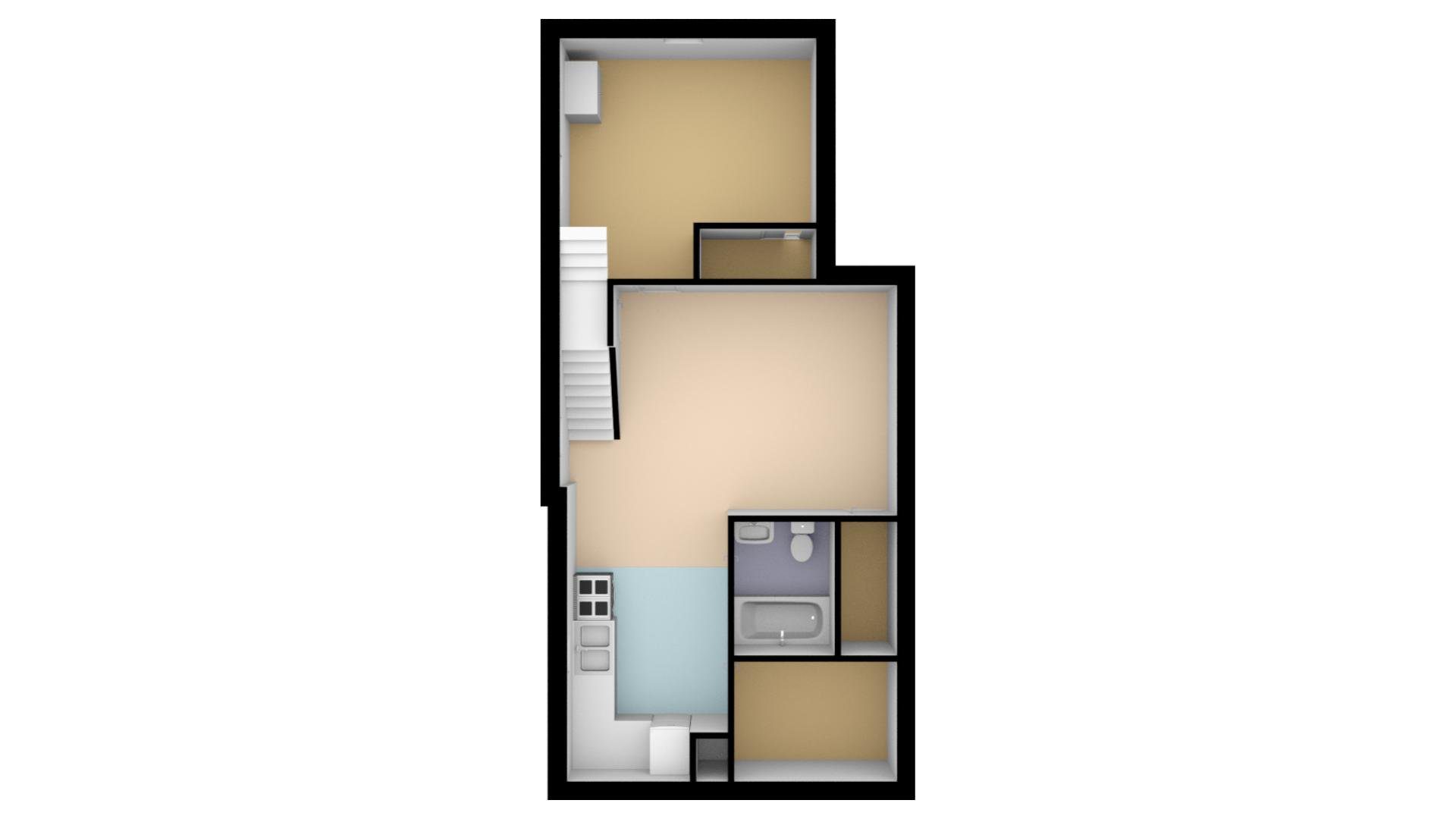 A floor plan of a room with a kitchen and bathroom.