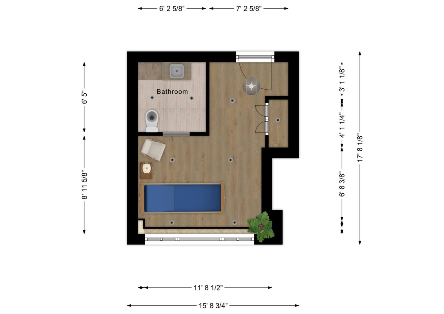 A floor plan of a room with a couch and table.