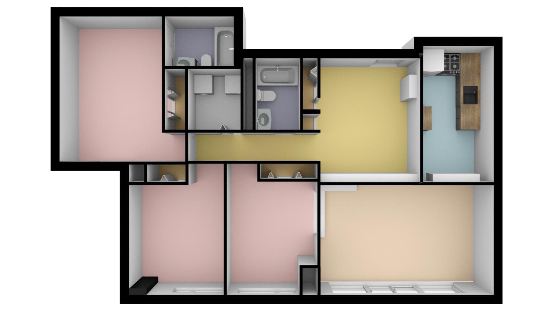 A floor plan of a room with pink walls.