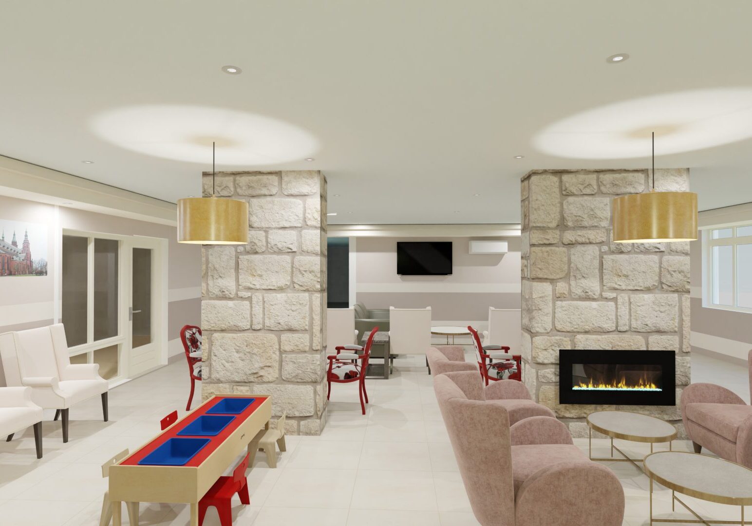A living room with stone walls and a fireplace.